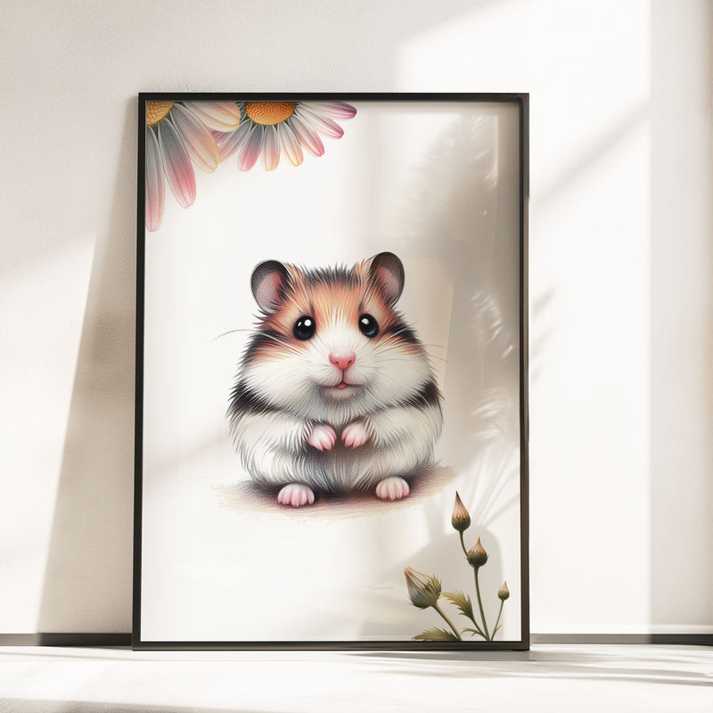Cute A4 print of a hamster with flowers on corners, style of coloured pencil drawing