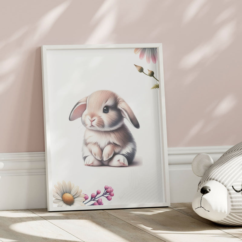 Set of four A4 prints featuring cute pets - puppy, kitten, rabbit, and hamster. The animals are depicted in a cute style resembling coloured pencil drawings. Simple flowers decorate the edges of the prints.