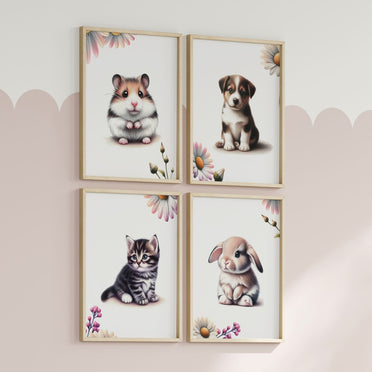 Set of four A4 prints featuring cute pets - puppy, kitten, rabbit, and hamster. The animals are depicted in a cute style resembling coloured pencil drawings. Simple flowers decorate the edges of the prints.