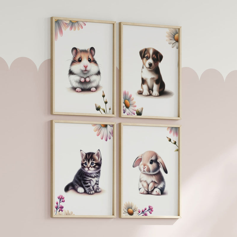 Set of four A4 prints featuring cute pets - puppy, kitten, rabbit, and hamster. The animals are depicted in a cute style resembling coloured pencil drawings. Simple flowers decorate the edges of the prints.