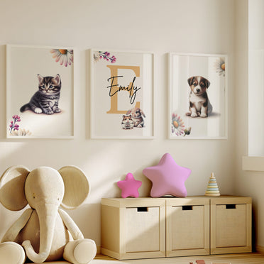 Set of three A4 prints featuring cute pets - puppy, kitten, rabbit, and hamster. The animals are depicted in a cute style resembling coloured pencil drawings. Simple flowers decorate the edges of the prints. The middle print features a smaller animal than the others, with a large initial letter in the background. A personalised name in black overlays the initial letter.