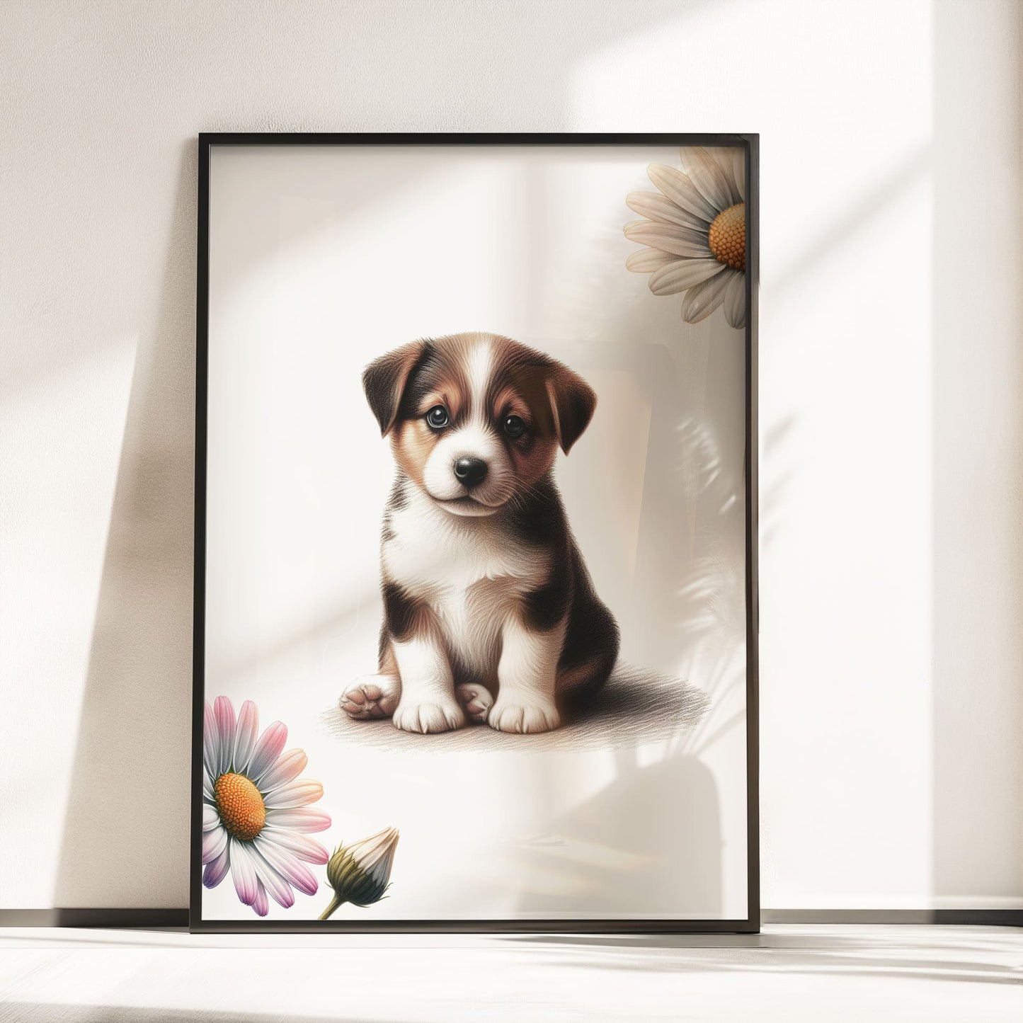 A4 print of cute ppuppy, with daisies on 2 corners of print. Style of coloured pencil drawing