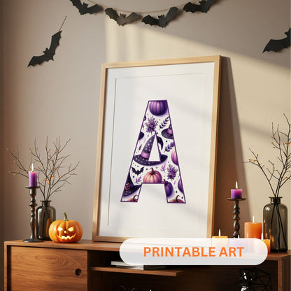 Three Halloween-themed digital (downloadable) prints featuring a black cat, letter 'A', and a girl in a witch hat on a wall with decorative bats.
