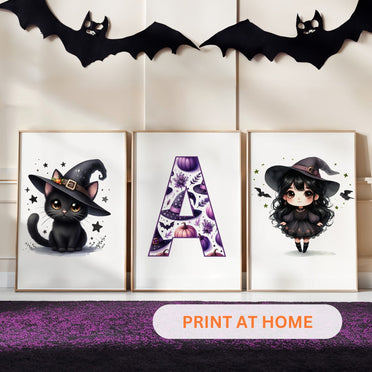Three Halloween-themed digital (downloadable) prints featuring a black cat, letter 'A', and a girl in a witch hat on a wall with decorative bats.