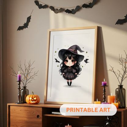 Three Halloween-themed digital (downloadable) prints featuring a black cat, letter 'A', and a girl in a witch hat on a wall with decorative bats.