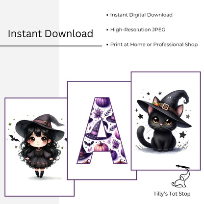 Three Halloween-themed digital (downloadable) prints featuring a black cat, letter 'A', and a girl in a witch hat on a wall with decorative bats.