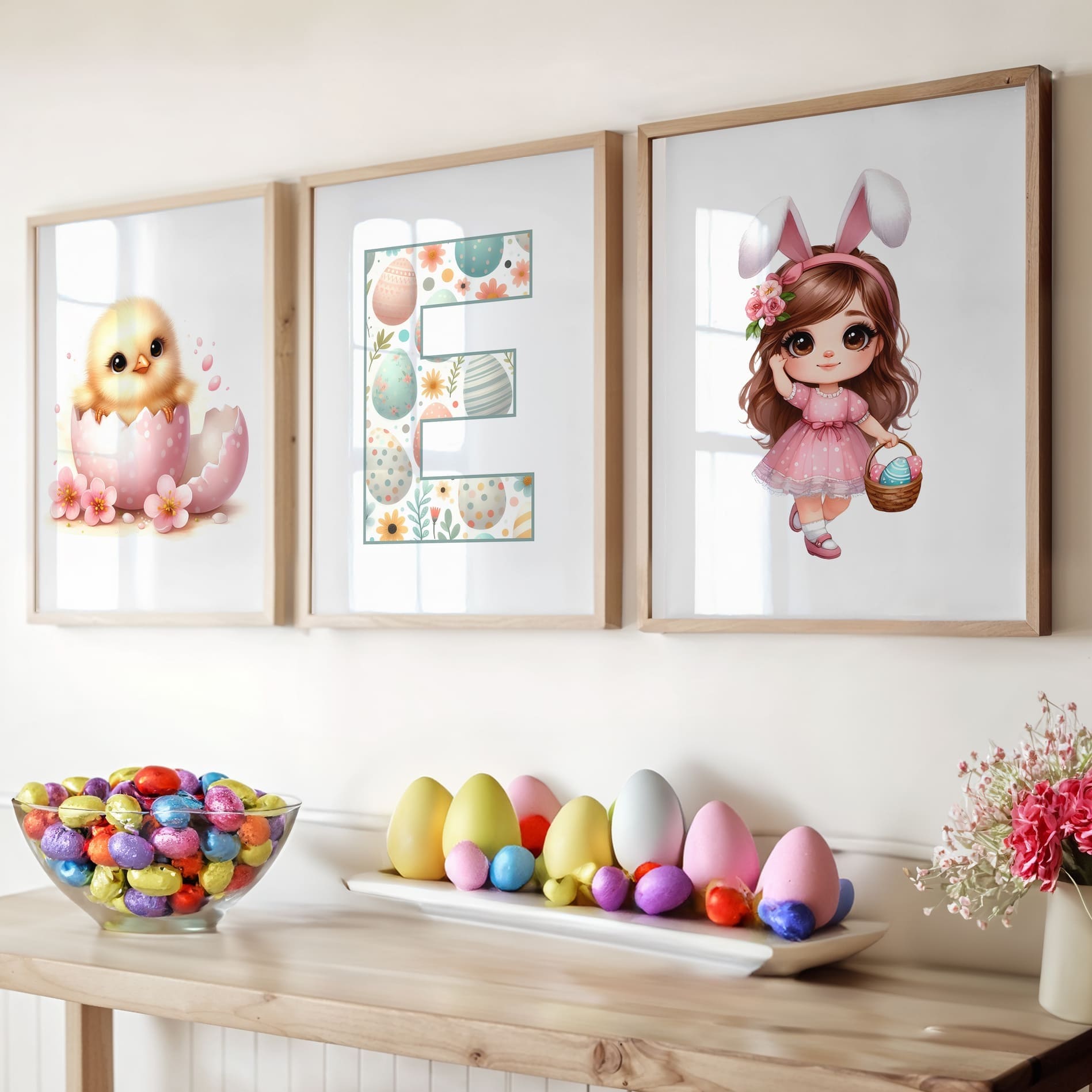 Three Easter Framed Childrens prints - one brown haired girl dressed as bunny, a chick, and a patterned initial letter