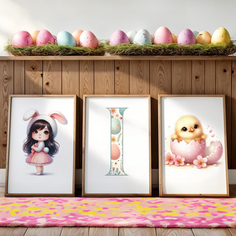 Three Easter Framed Childrens prints - one dark haired girl dressed as bunny, a chick, and a patterned initial letter