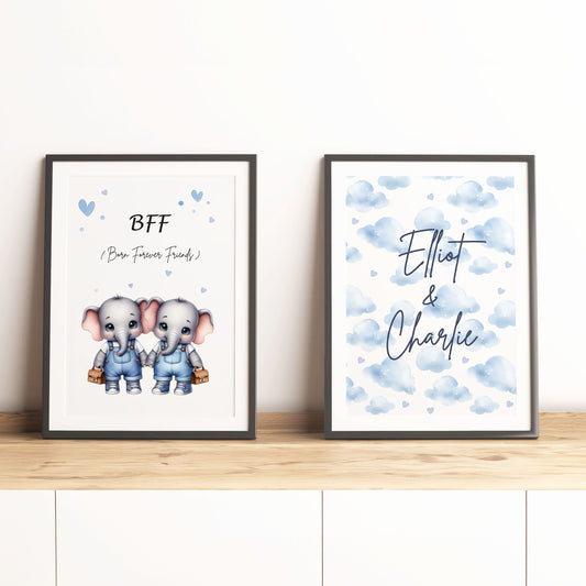 Two A4 Prints. One showing 2 cartoon elephants dressed in blue dungarees, one with a bow, one without and reads "BFF Born Forever Friends". The other print has blue watercolour style clouds, with children's name in black writing across it