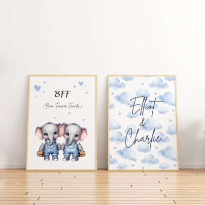 Two A4 Prints. One showing 2 cartoon elephants dressed in blue dungarees, one with a bow, one without and reads "BFF Born Forever Friends". The other print has blue watercolour style clouds, with children's name in black writing across it