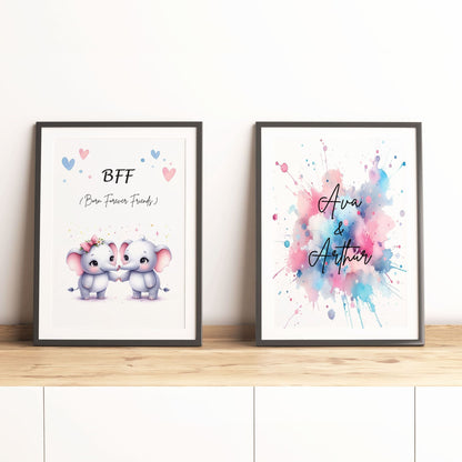 Two A4 Prints. One showing 2 cartoon twin elephants, one with a bow, one without and reads "BFF Born Forever Friends". The other print has pink and blue watercolour splatters, with children's name in black writing across it