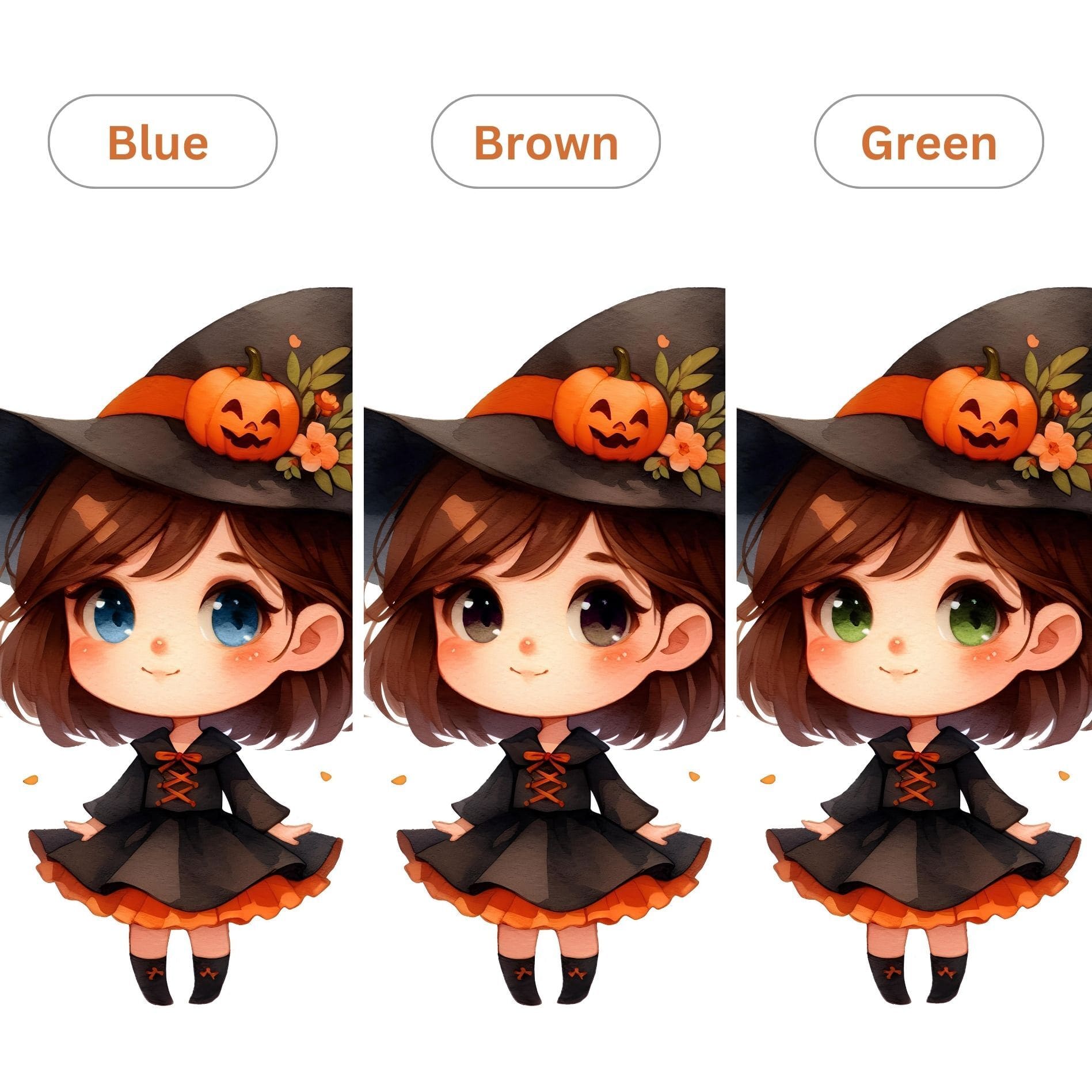 Three versions of a cartoon character in a witch costume with pumpkin decorations, different coloured eyes labeled Blue, Brown, and Green.