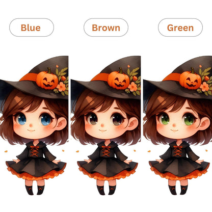 Three versions of a cartoon character in a witch costume with pumpkin decorations, different coloured eyes labeled Blue, Brown, and Green.