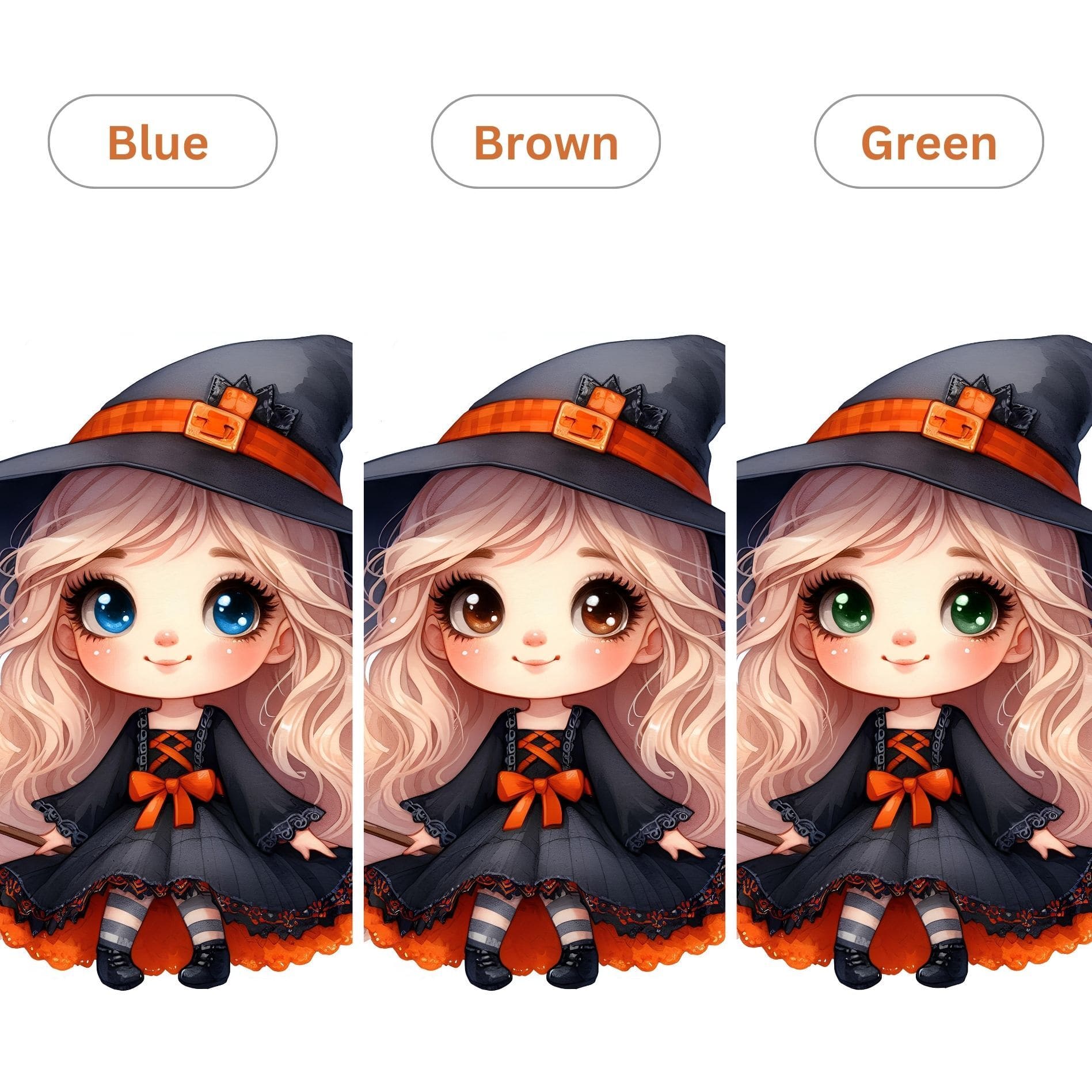 Three versions of a cartoon character in a witch costume with pumpkin decorations, different coloured eyes labeled Blue, Brown, and Green.