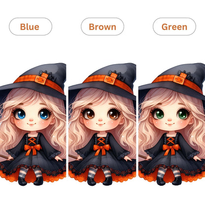 Three versions of a cartoon character in a witch costume with pumpkin decorations, different coloured eyes labeled Blue, Brown, and Green.