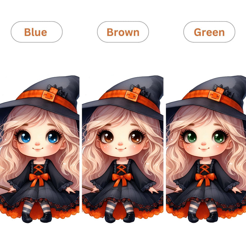 Three versions of a cartoon character in a witch costume with pumpkin decorations, different coloured eyes labeled Blue, Brown, and Green.