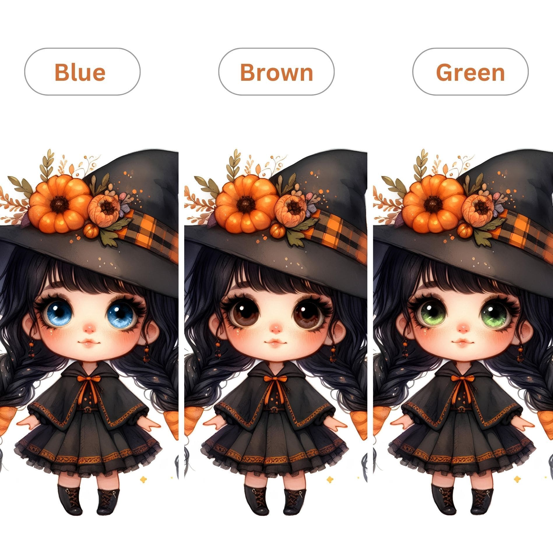 Three versions of a cartoon character in a witch costume with pumpkin decorations, different coloured eyes labeled Blue, Brown, and Green.