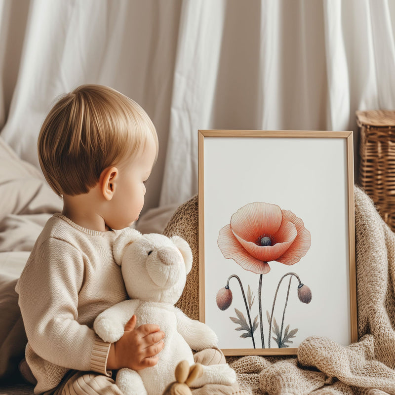 Three botanical prints with a daisy, poppy, and lavender, illustrated in a soft coloured-pencil style, creating a vintage-inspired floral art set.