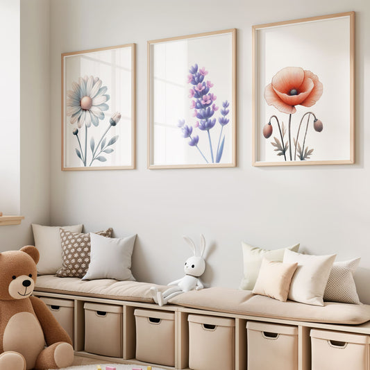 Three botanical prints with a daisy, poppy, and lavender, illustrated in a soft coloured-pencil style, creating a vintage-inspired floral art set.