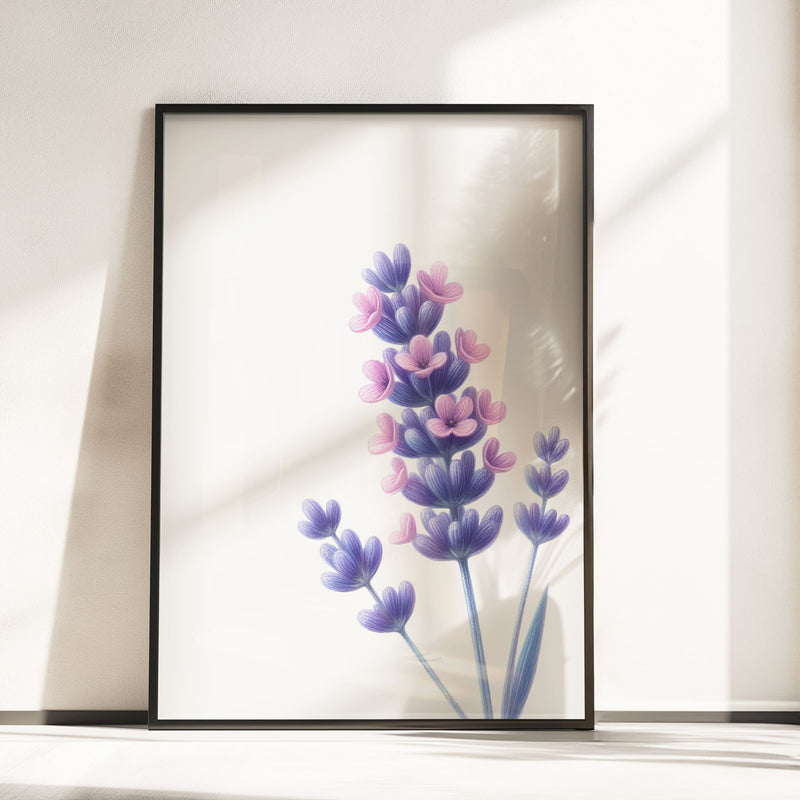 Three botanical prints with a daisy, poppy, and lavender, illustrated in a soft coloured-pencil style, creating a vintage-inspired floral art set.