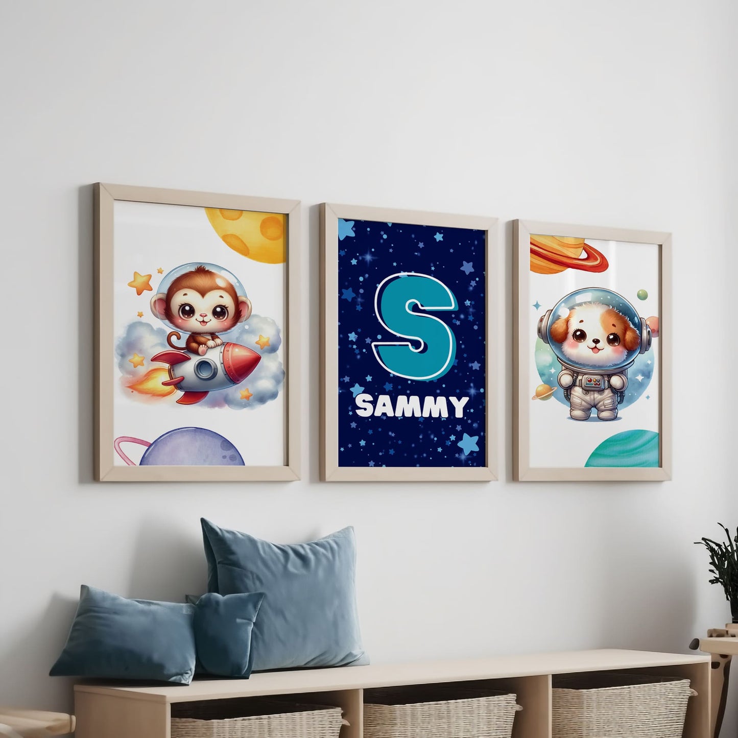 Set of 3 Personalised Childrens prints with a fun space theme, A cute astronaut monkey on a rocket, an astronaut dog , and a third print with a starry navy background, and child's initial and name over it