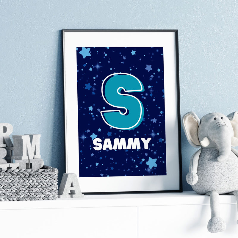 Set of 3 Personalised Childrens prints with a fun space theme, A cute astronaut monkey on a rocket, an astronaut dog , and a third print with a starry navy background, and child's initial and name over it