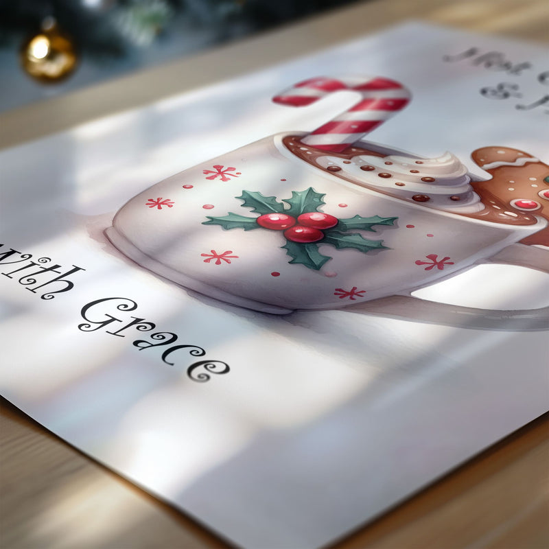 Trio of Childrens Christmas Prints. One with a  Gingerbread Train, one gingerbread house, and another hot chocolate with gingerbread man, reading "Hot Chocolate & Hugs" and 