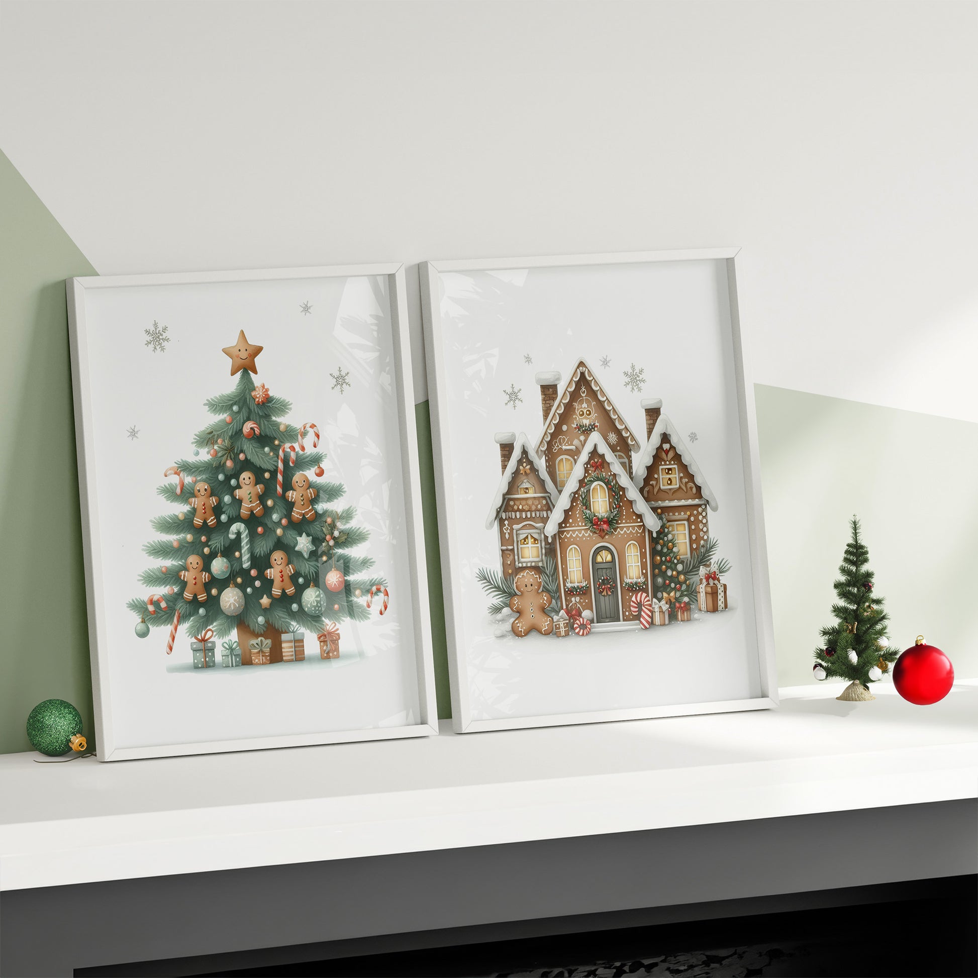 Set of 2 Christmas Wall Prints. One featured a christmas tree with gingerbread man decorations, the other a sophisticated gingerbread house. All in muted tones