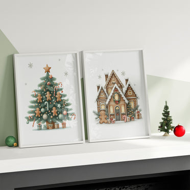 Set of 2 Christmas Wall Prints. One featured a christmas tree with gingerbread man decorations, the other a sophisticated gingerbread house. All in muted tones