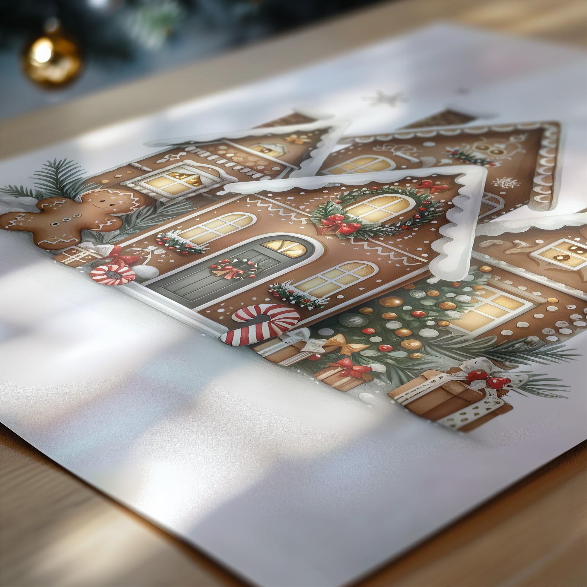 Set of 2 Christmas Wall Prints. One featured a christmas tree with gingerbread man decorations, the other a sophisticated gingerbread house. All in muted tones