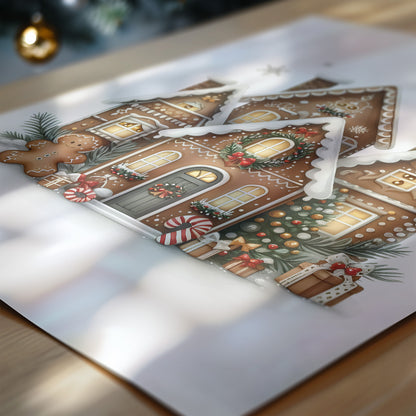 Set of 2 Christmas Wall Prints. One featured a christmas tree with gingerbread man decorations, the other a sophisticated gingerbread house. All in muted tones
