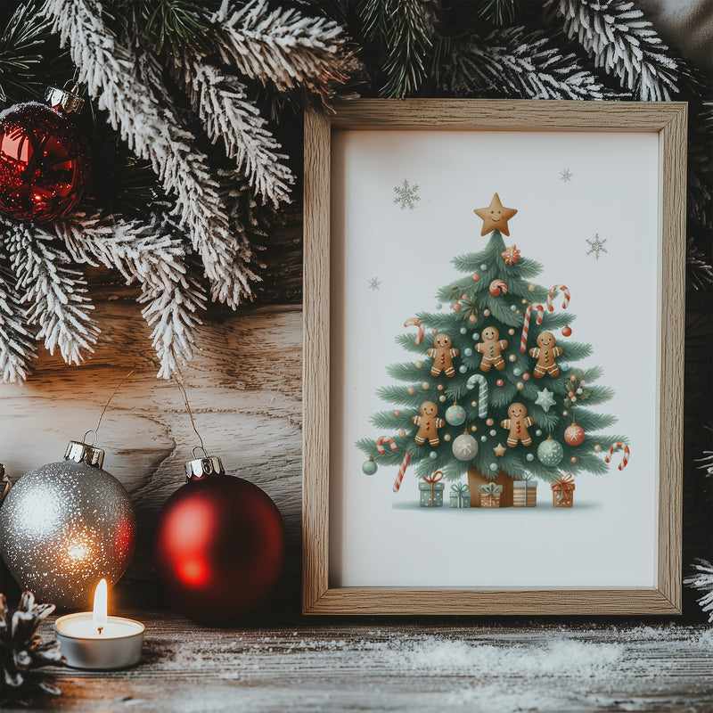 Set of 2 Christmas Wall Prints. One featured a christmas tree with gingerbread man decorations, the other a sophisticated gingerbread house. All in muted tones