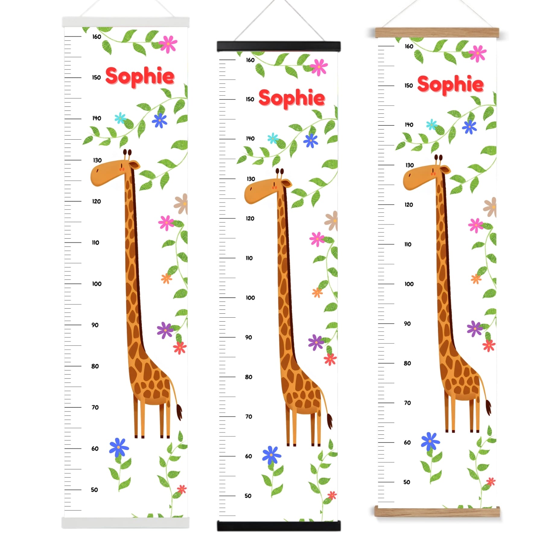 Childs height chart featuring a tall giraffe and bright flowers. Personalised with your childs name. Available with a choice of black, white and natural hangers