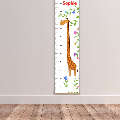 Childs height chart featuring a tall giraffe and bright flowers. Personalised with your childs name. Available with a choice of black, white and natural hangers