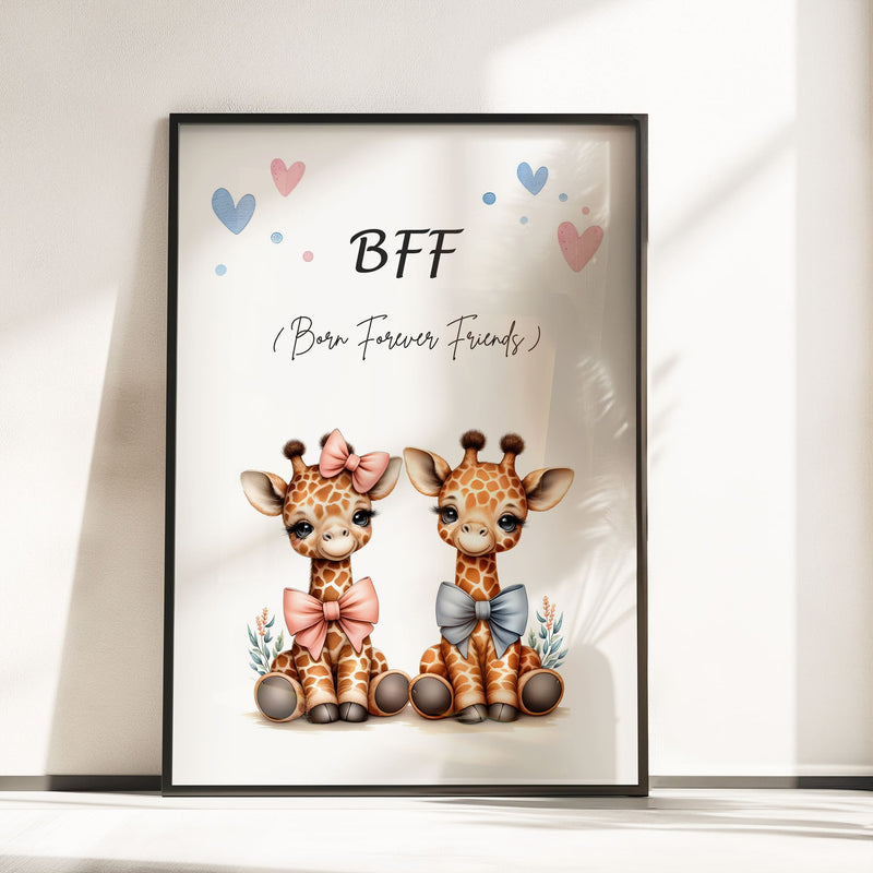 Set of 2 personalised prints for twins' nursery décor. One print features twin giraffes, one wearing a pink bow and the other wearing a blue bow. The prints also include watercolour splashes with children's names in bold black lettering.