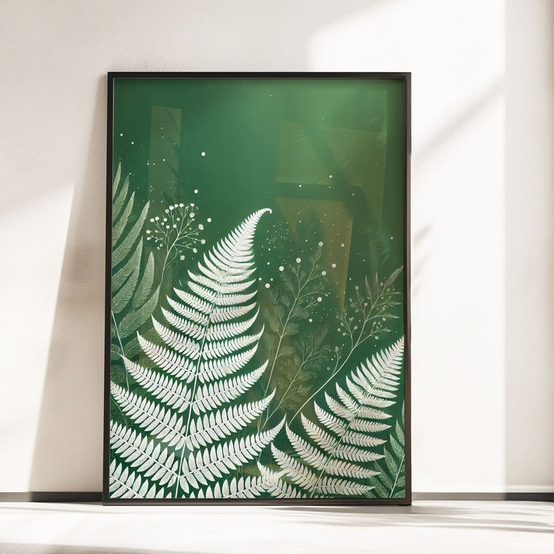 Three botanical prints featuring white fern and leaf patterns on various green shades, bringing a fresh and natural feel to any space.