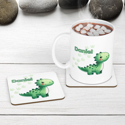White Mug and Coaster Set with cute playful green dinosaur design with plants and dinosaur prints. Personalised with Childs name