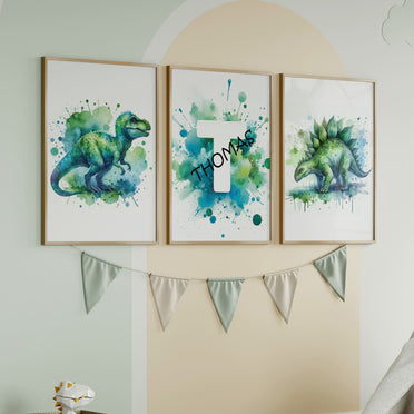 Green Dinosaur Trio | Personalised Nursery Art Set of 3