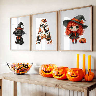 Three Halloween Themes Childrens prints - one red ginger haired girl dressed as an witch, a black cat, and a patterned initial letter