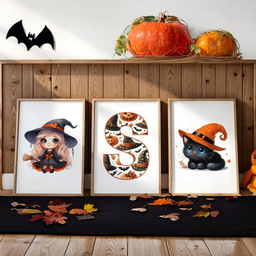 Three Halloween Themes Childrens prints - one blonde haired girl dressed as an witch, a black cat, and a patterned initial letter