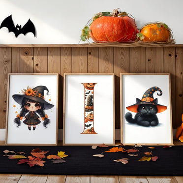 Three Halloween Themes Childrens prints - one black haired girl dressed as an witch, a black cat, and a patterned initial letter