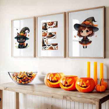 Three Halloween Themes Childrens prints - one brown haired girl dressed as an witch, a black cat, and a patterned initial letter