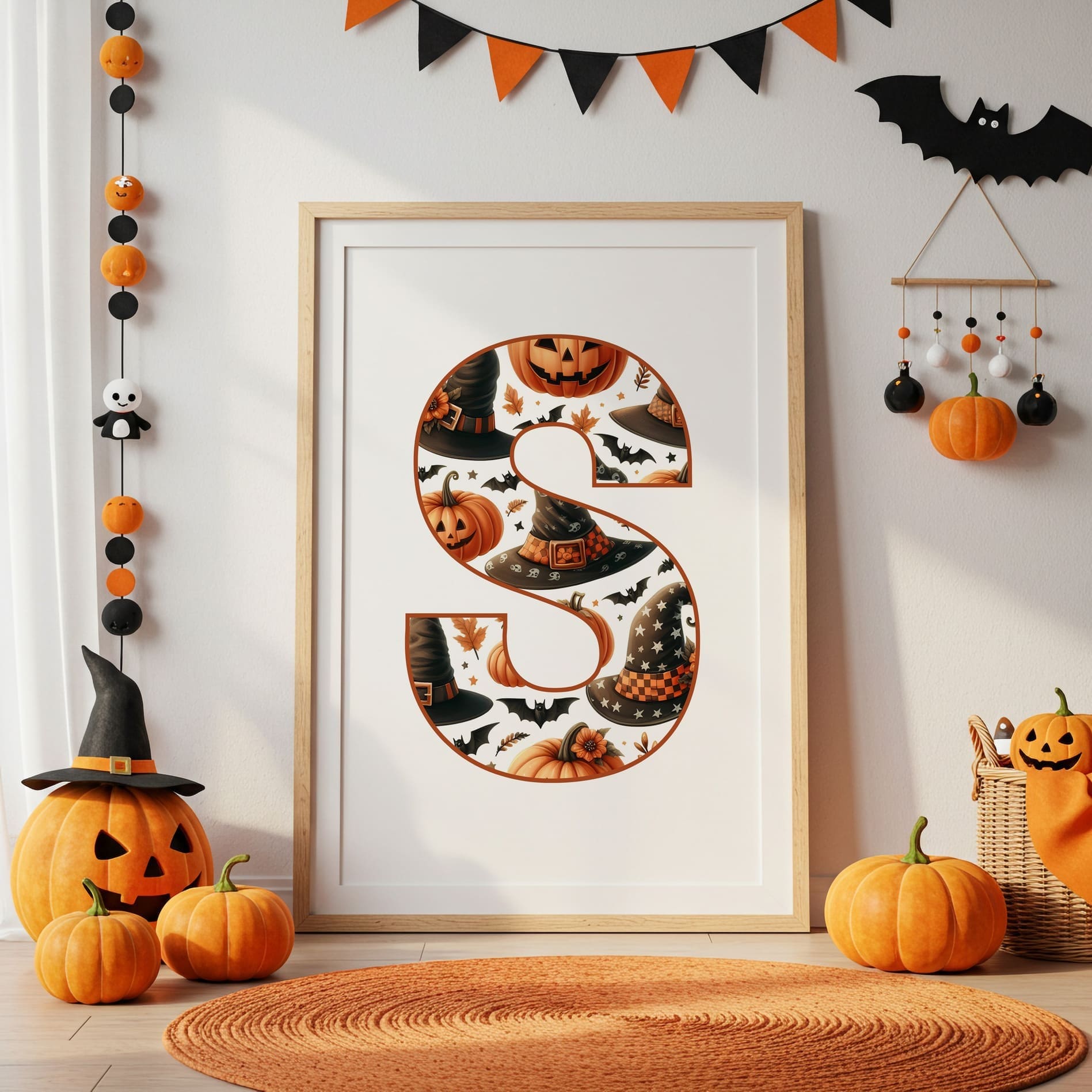 Halloween Childrens Print - Personalised Initial Letter in a Holloween Orange and Black Pattern