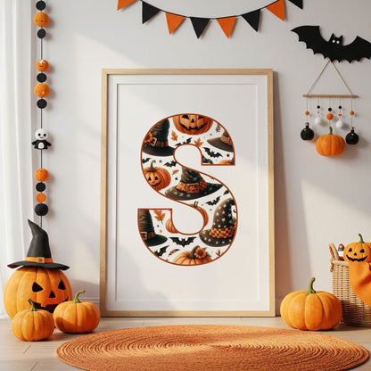 Halloween Childrens Print - Personalised Initial Letter in a Holloween Orange and Black Pattern