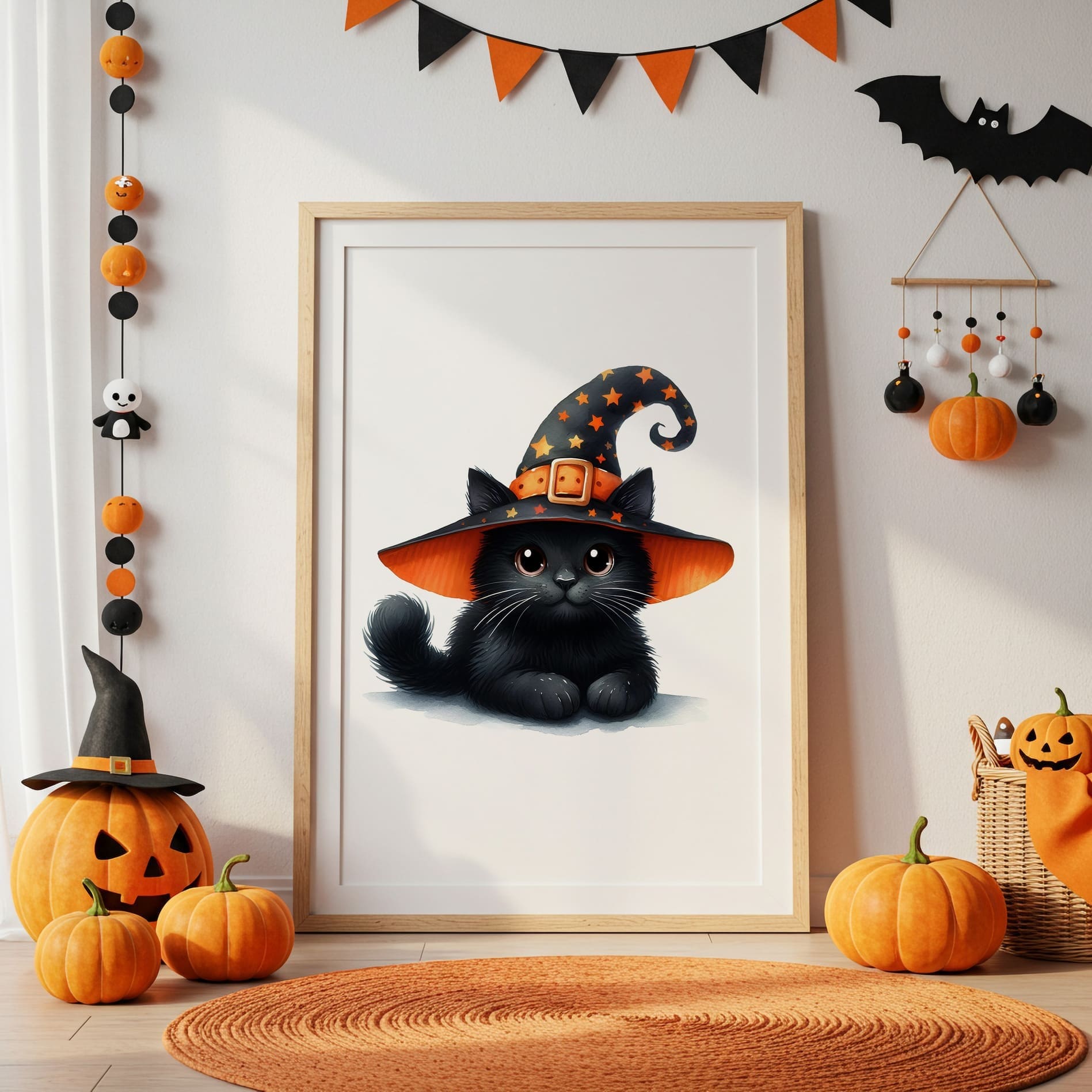 Halloween Childrens Print of a Black Cat with Bright Orange Details