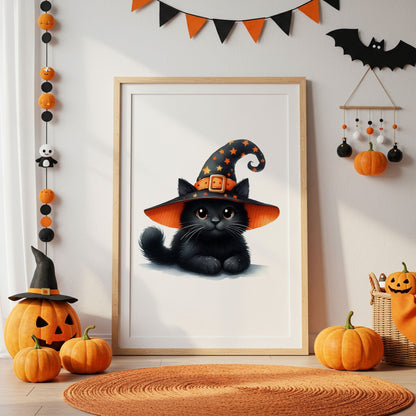 Halloween Childrens Print of a Black Cat with Bright Orange Details