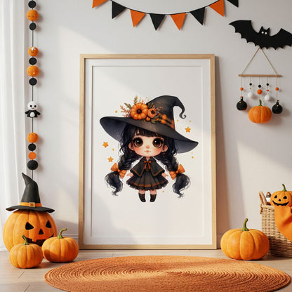Halloween Childrens Print - Cute Girl with dark black hair dressed as a witch