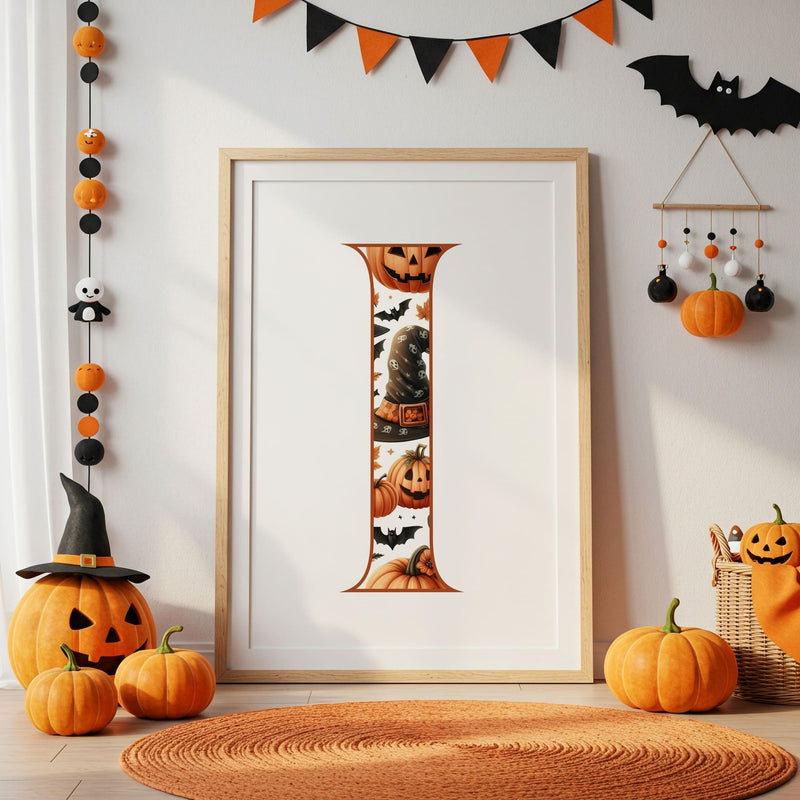 Halloween Childrens Print - Personalised Initial Letter in a Holloween Orange and Black Pattern
