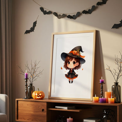 Halloween Childrens Print - Cute Girl with brown hair dressed as a witch