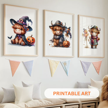 Three prints of cute Highland cows dressed as a witch, a pumpkin-themed cow, and a scarecrow, perfect for Halloween nursery decor.
